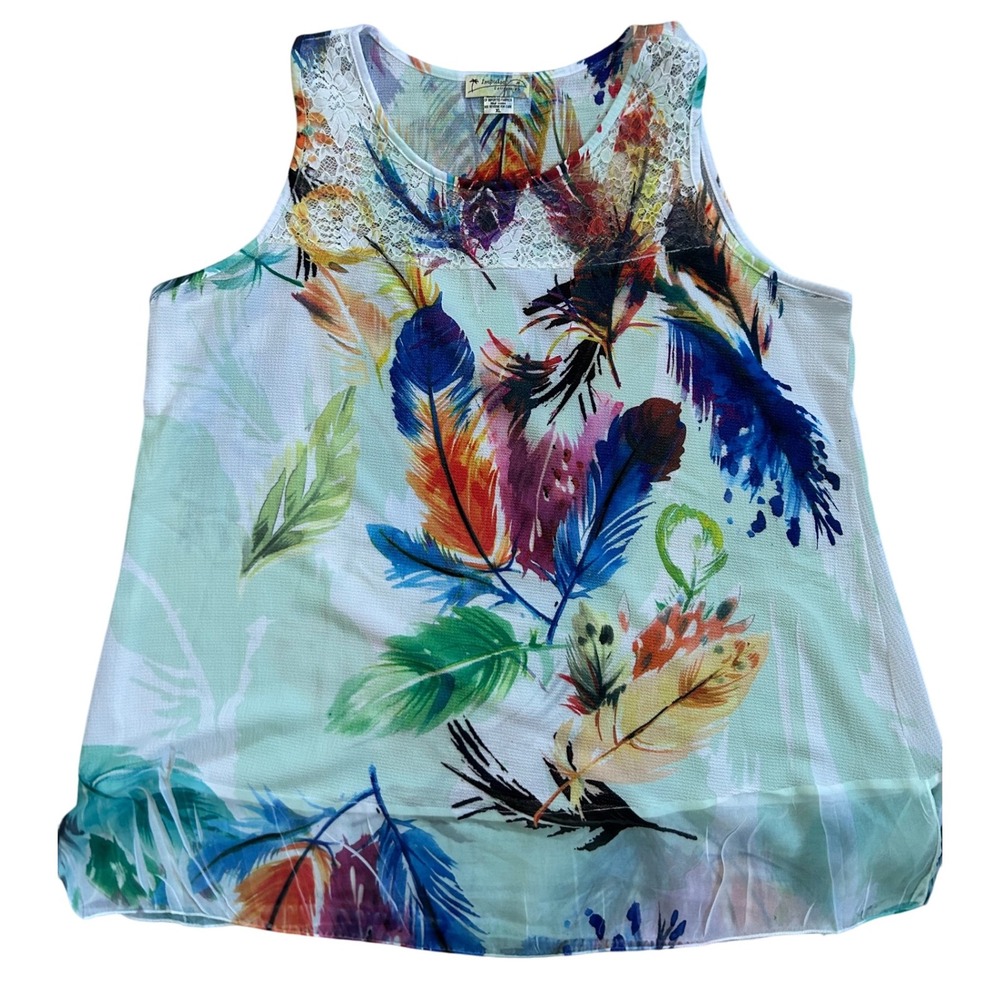 Impulse California Womens XL Feather Print Lace Trim‎ Tank Top